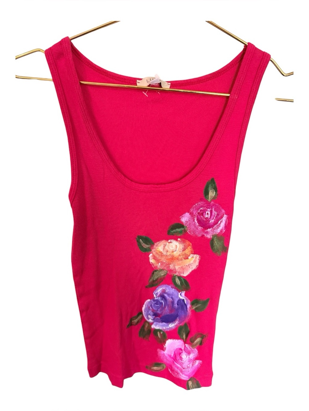 LUXE Fuchsia Floral Tank Top - Sleeveless Ribbed Scoop Neck VINTAGE SZ. S
